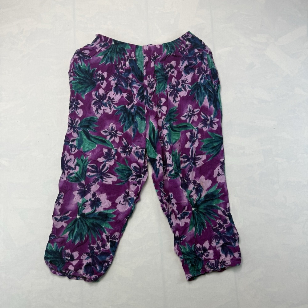 Vintage Tropical Floral Capri Pants Women's M Purple High Rise Elastic